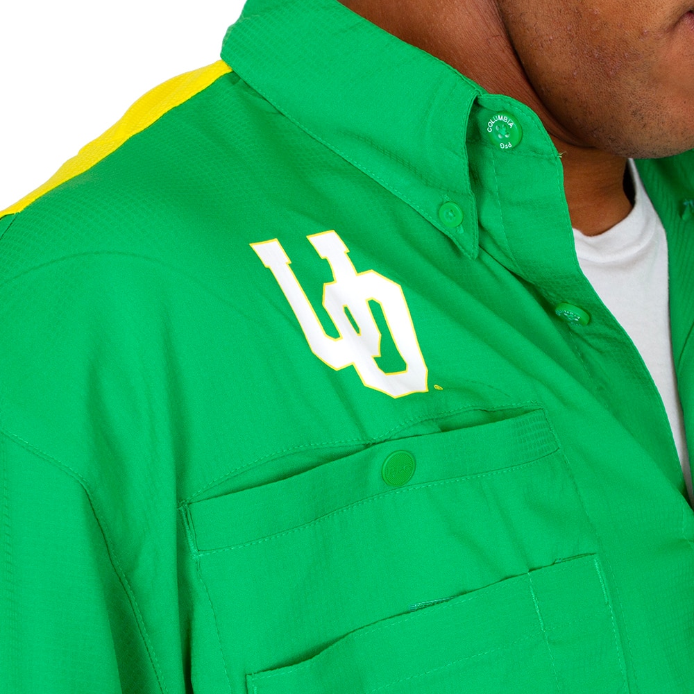 Interlocking UO, Columbia, Green, Button Up/Button Down, Polyester, Men, Tamiami, Color block, Camp, Shirt, 907007